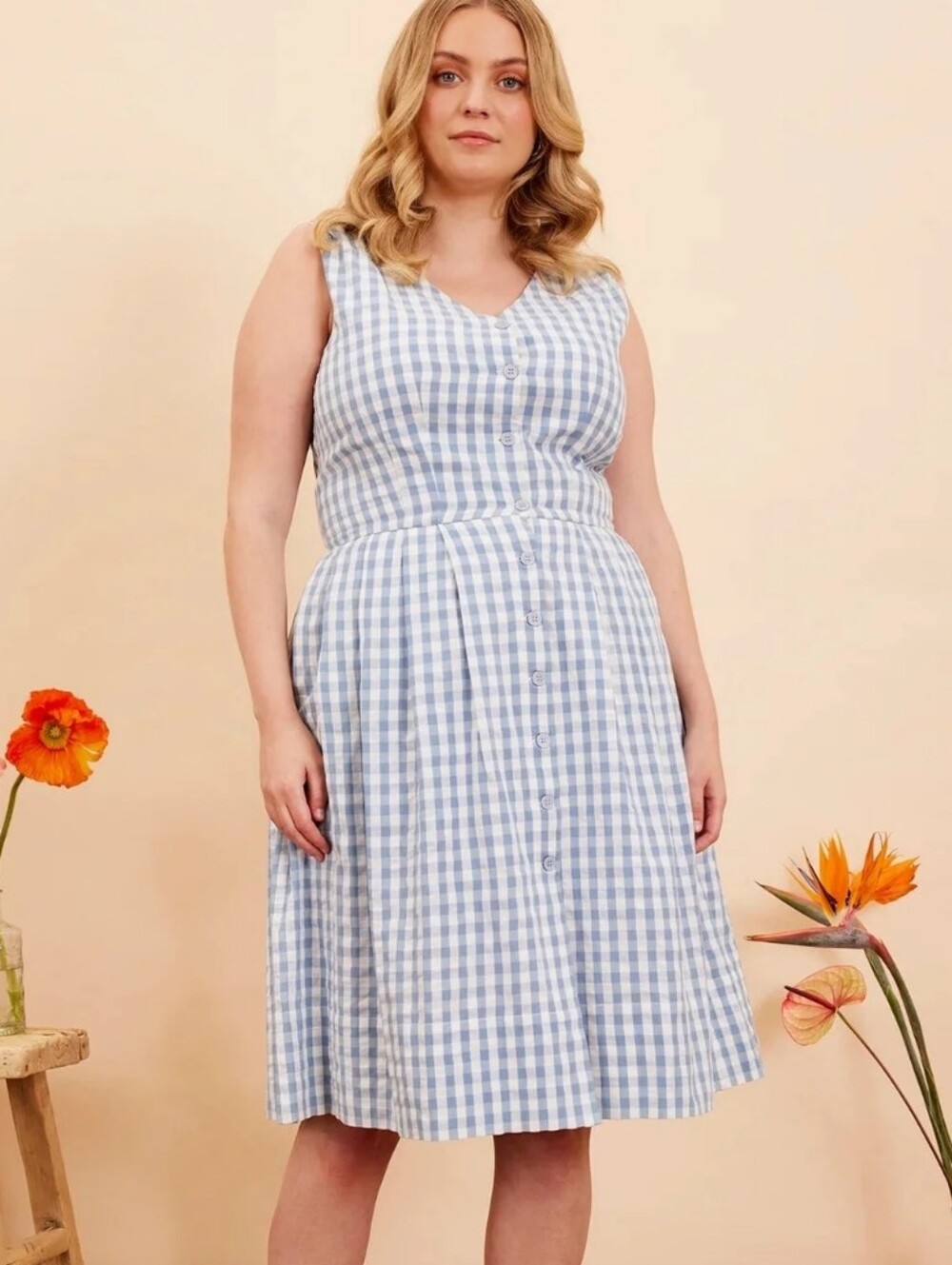 Emily and Fin Scarlett India Blue Gingham Midi Sleeveless Cottagecore Dress